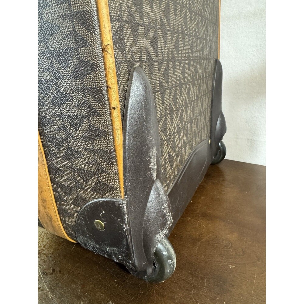 Vintage Michael Kors MK Monogram Rolling Carry-On Suitcase Faux Leather Brown - Picture 5 of 11